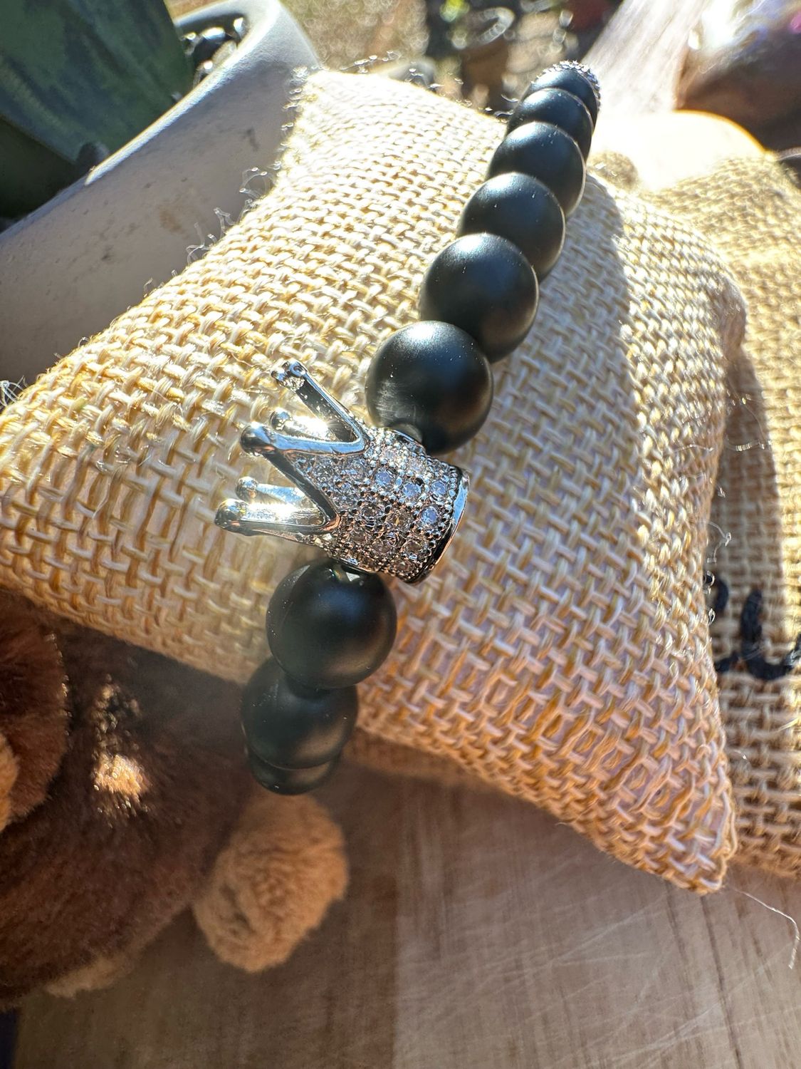 Matte Black Onyx • Silver Crown Bracelet – Royalty + Protection