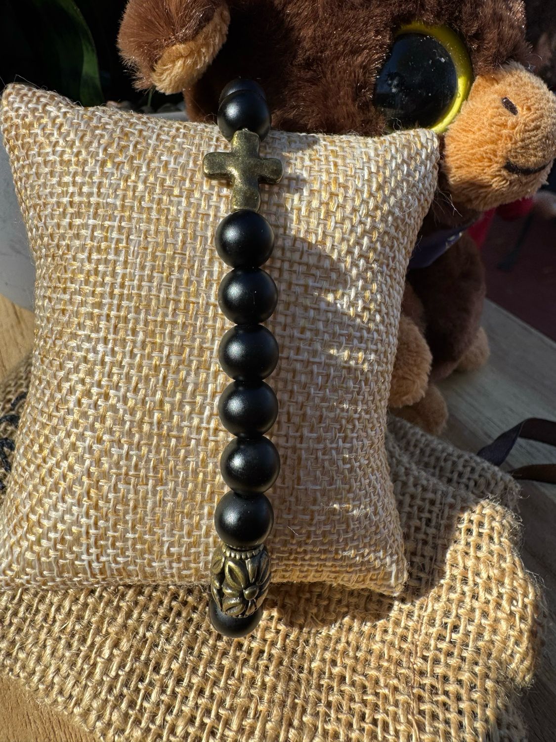 God Got Us – Matte Black Onyx &amp; Antique Gold Cross Bracelet