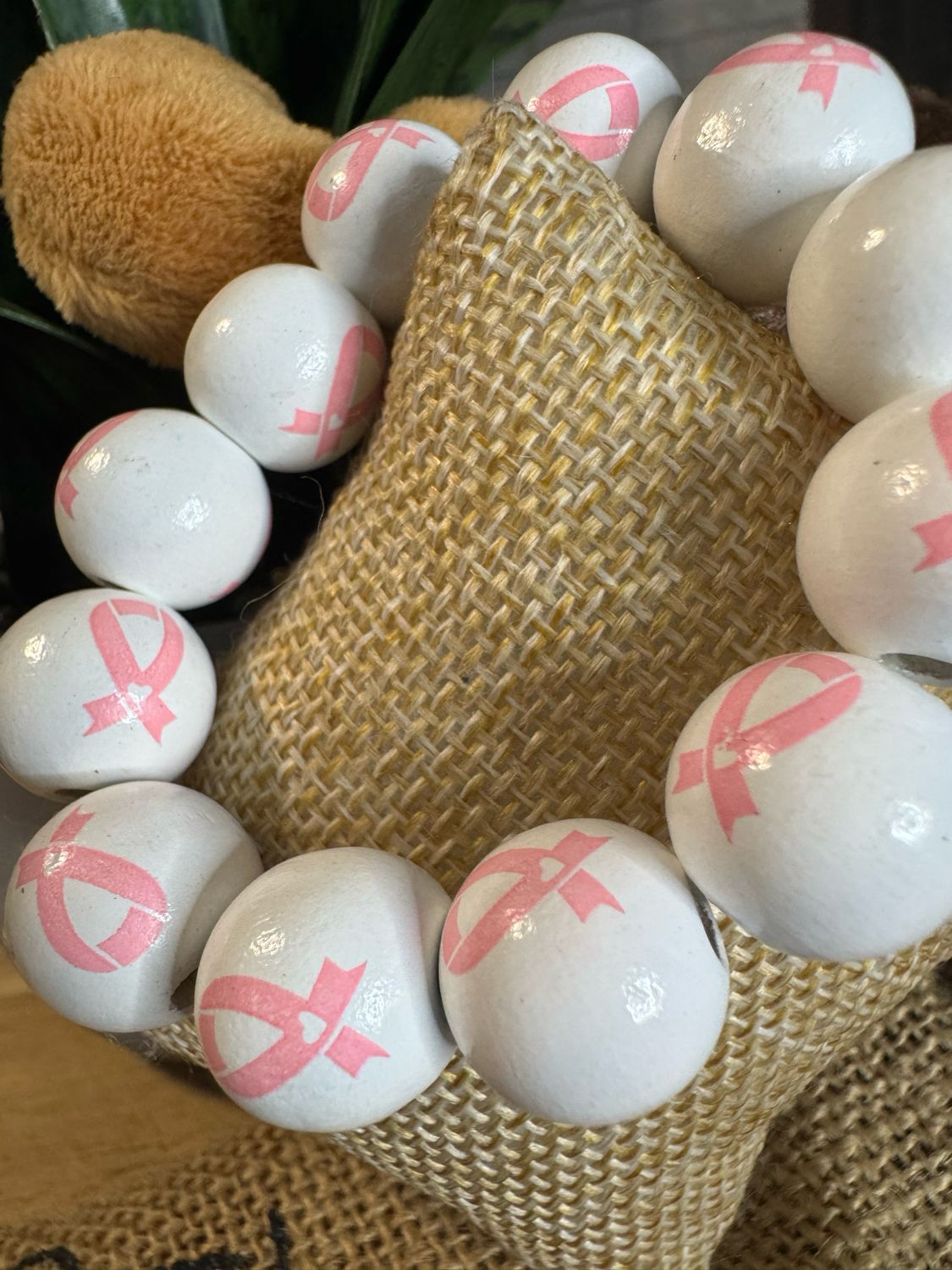 Cancer Awareness Wooden Beaded Bracelet – Pink Gingham &amp; Ribbon Design (Sold Separately)