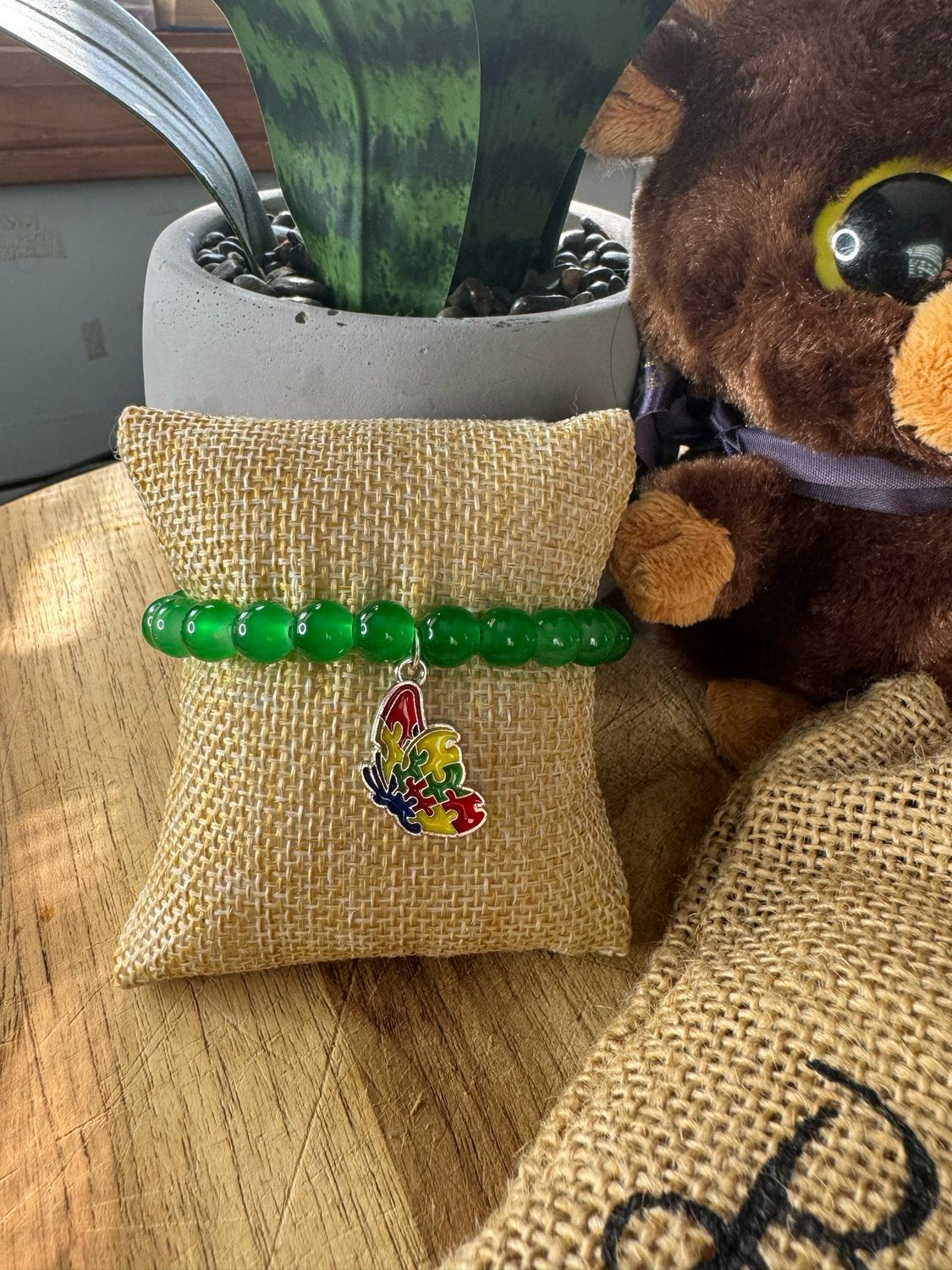 Green Autism Puzzle Piece Butterfly Bracelet