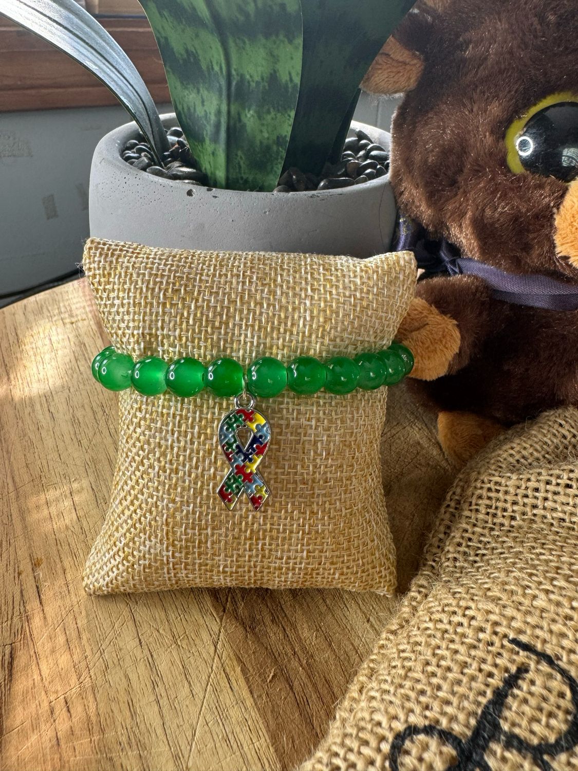 Green Autism Awareness Bracelet with Puzzle Ribbon Charm