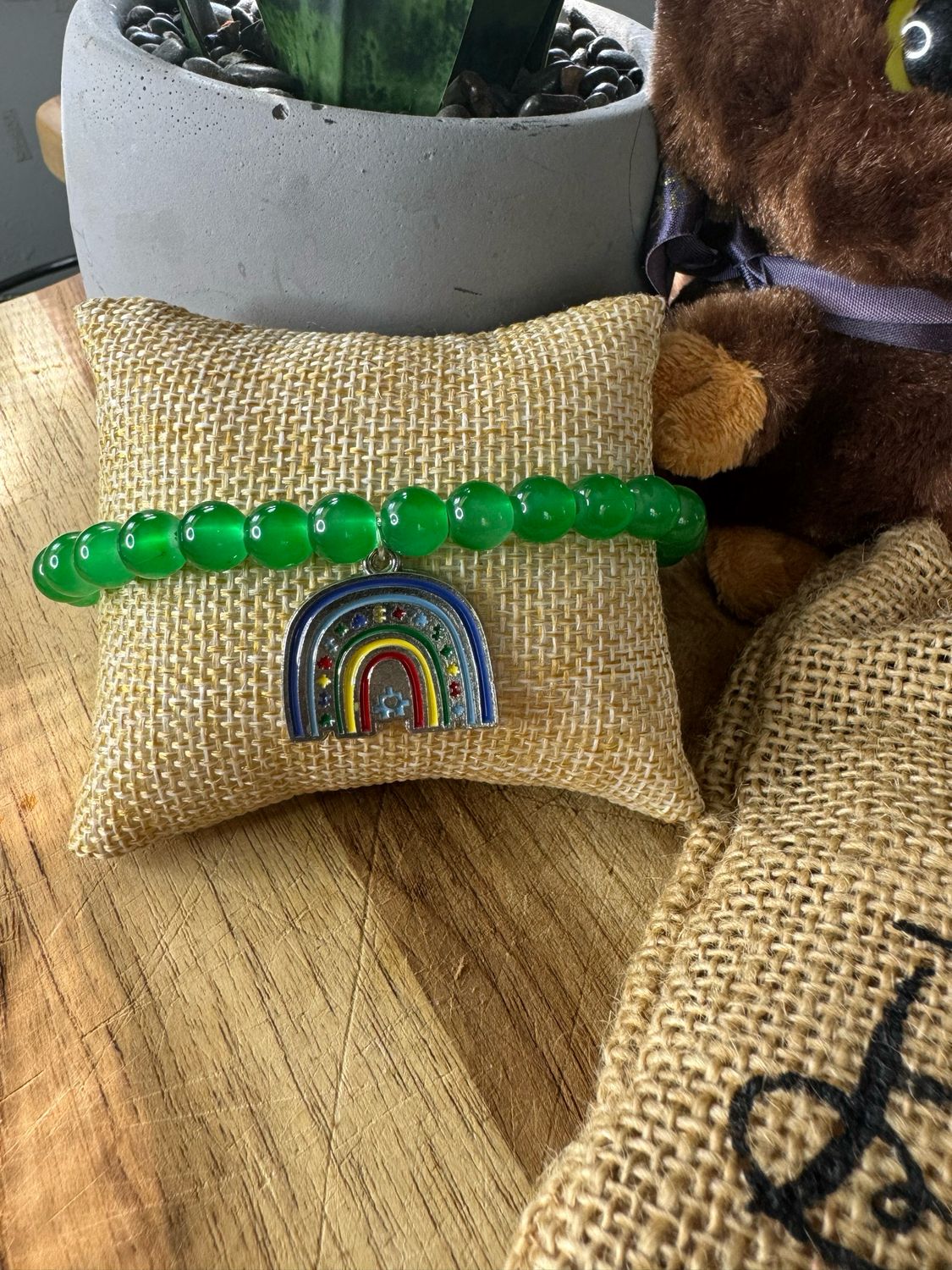 Green Autism Awareness Bracelet with Rainbow Charm