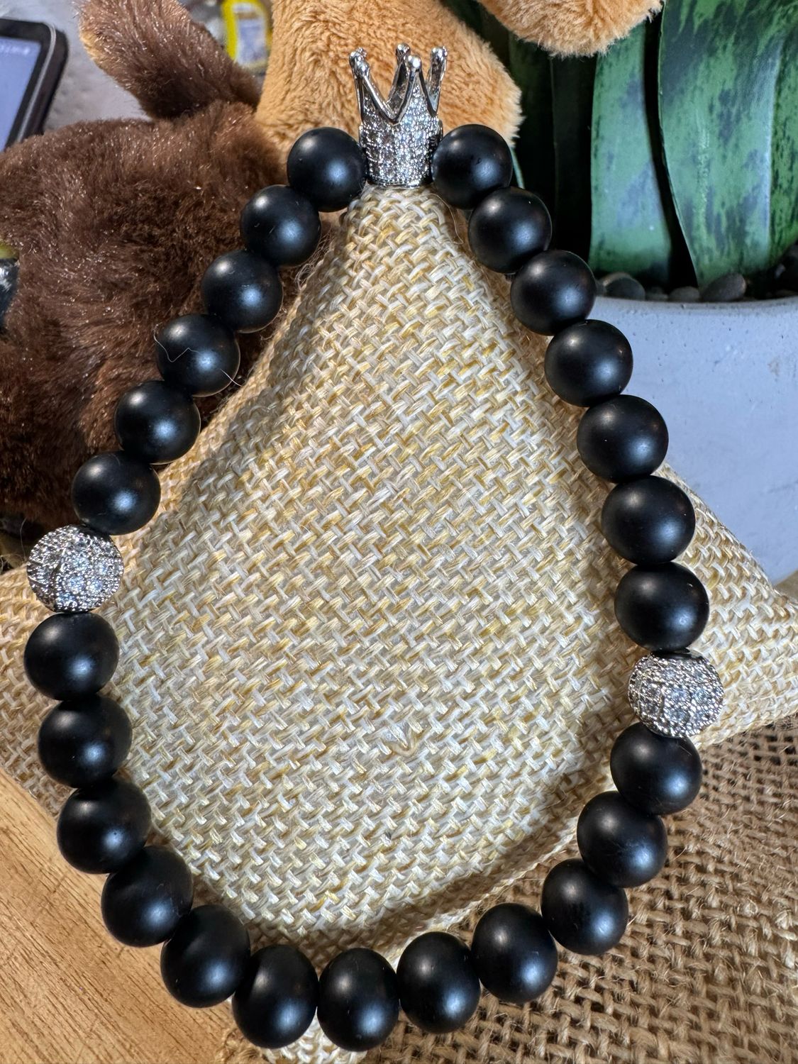 Matte Black Onyx • Silver Crown Bracelet – Royalty + Protection