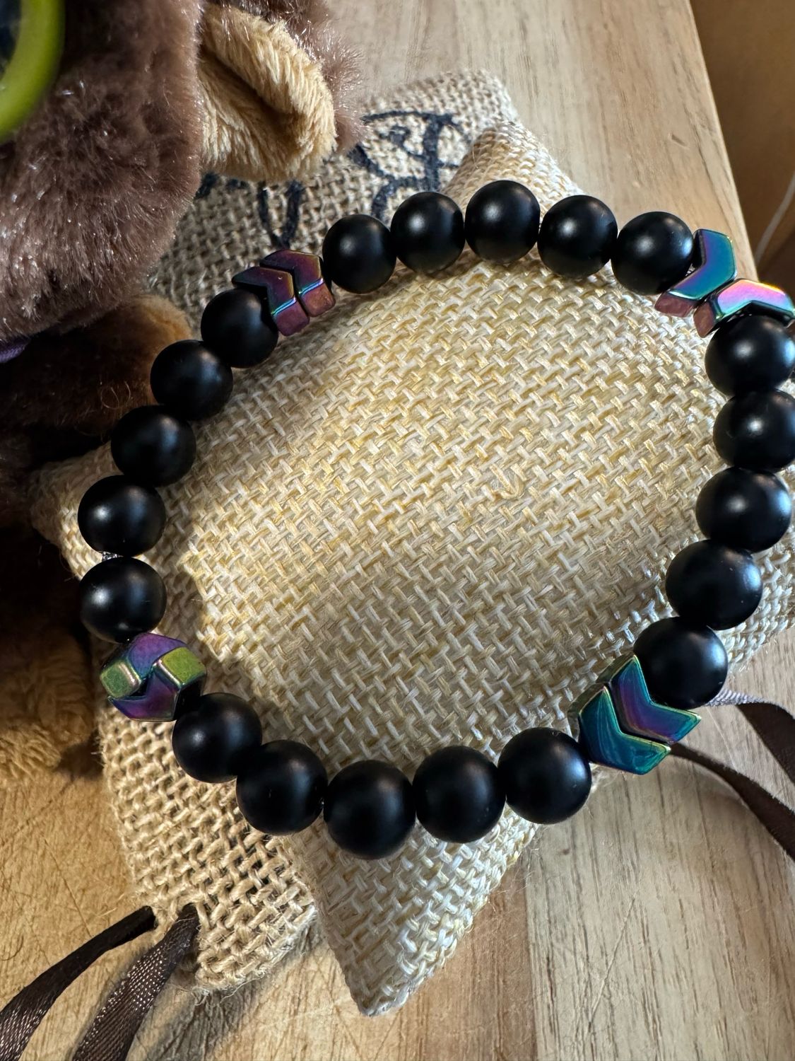 Matte Black Onyx &amp; Rainbow Hematite Chevron Bracelet