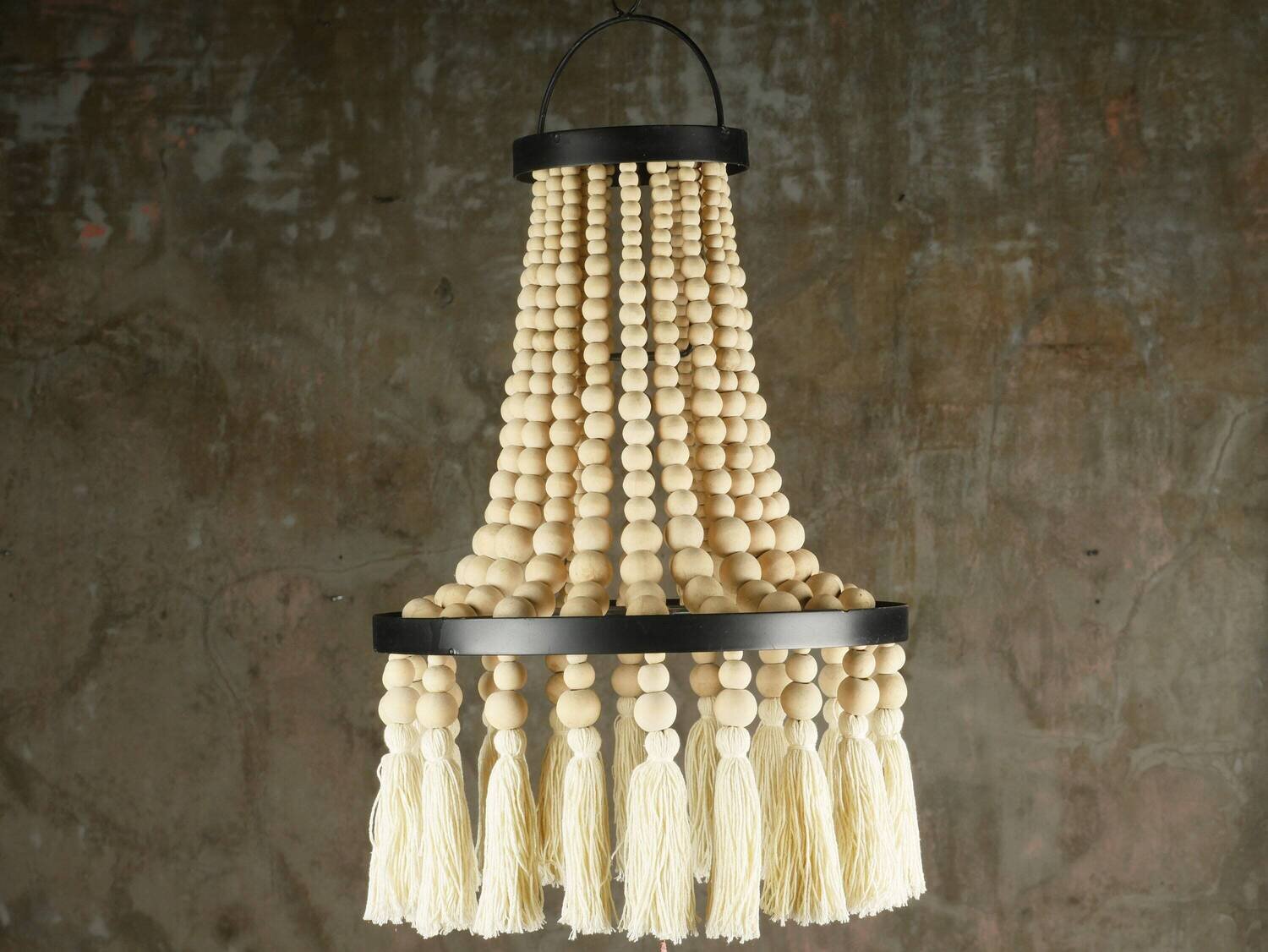 The Tassels and Wood beaded Lampshade - Beaded Chandelier - Bohemian Chandelier - Natural Lampshade - Wooden Chandelier - Boho Lampshade