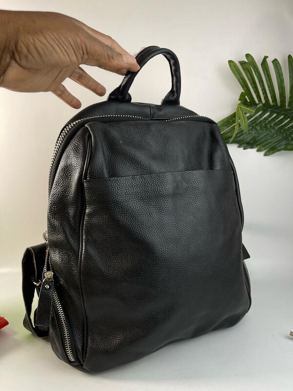 Black Leather Midi Backpack