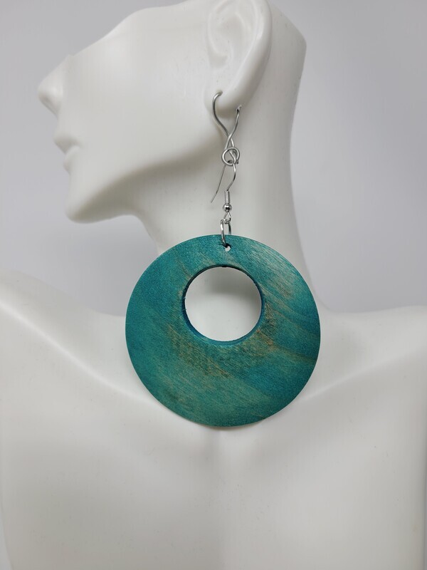 Wooden Circle Teal Earrings