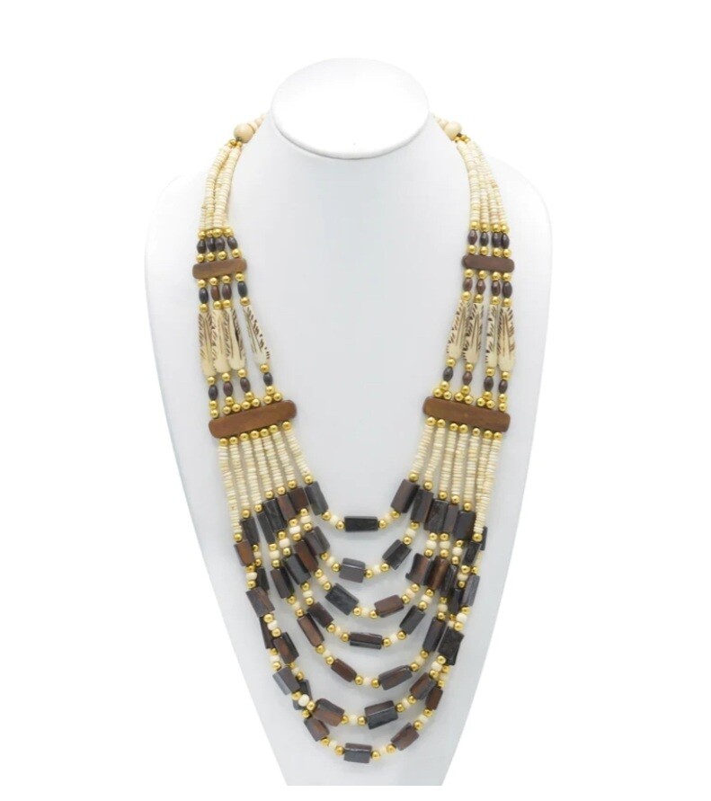 MULTI LAYERED WOOD AND BONE NECKLACE