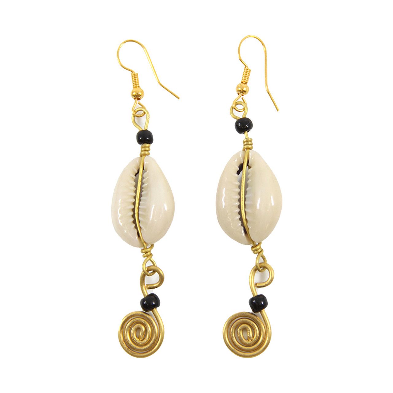 Brass Spiral &amp; Cowrie Shell Earrings