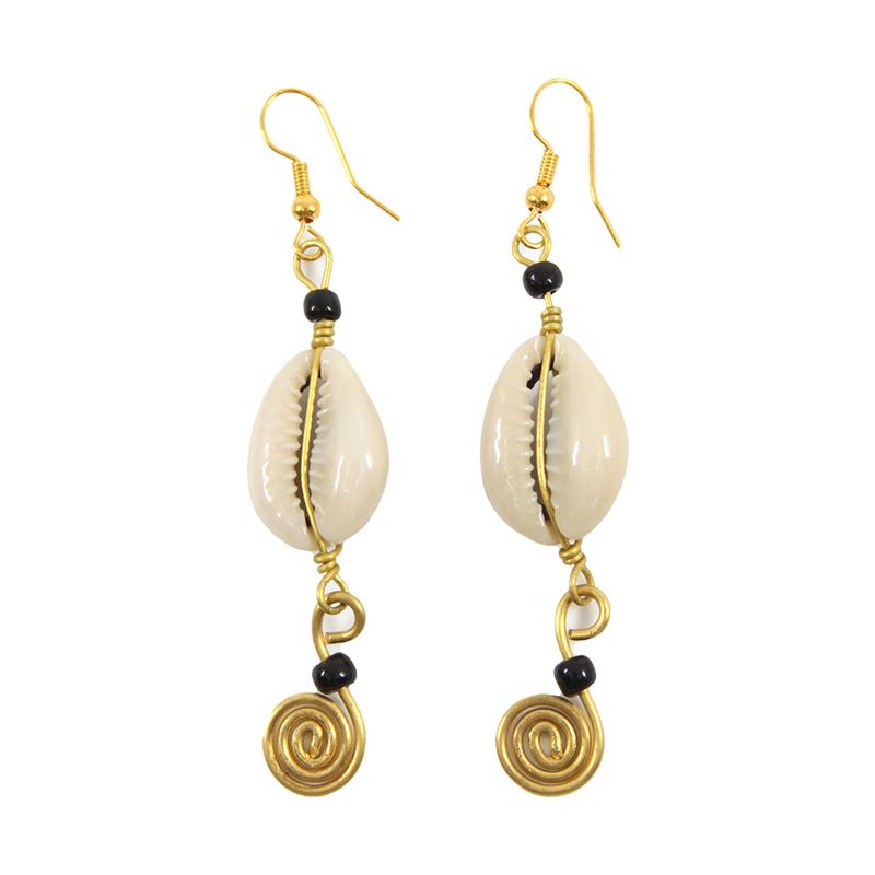 Brass Spiral &amp; Cowrie Shell Earrings