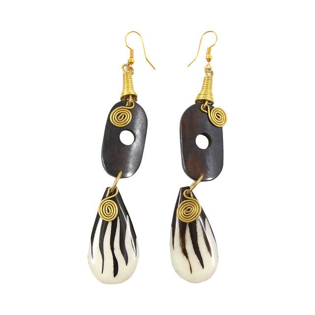 Brass Spiral &amp; Bone Artisan Earrings - Dark Brown &amp; White