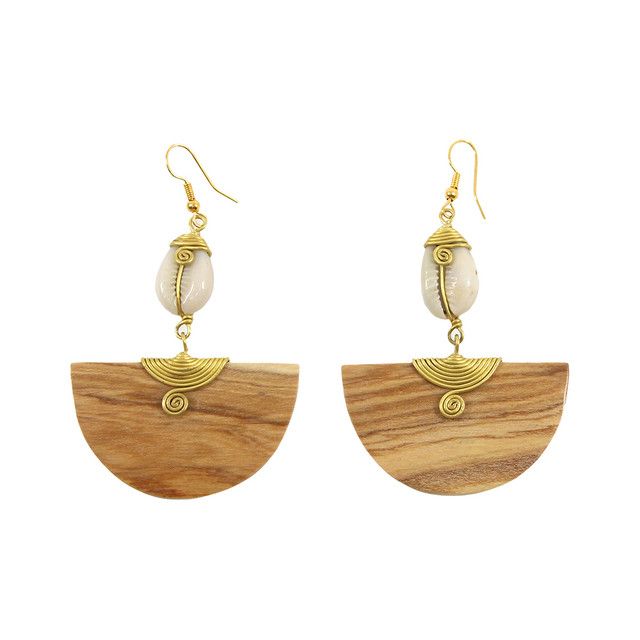 Cowrie Brass &amp; Wood Half-Moon Earrings