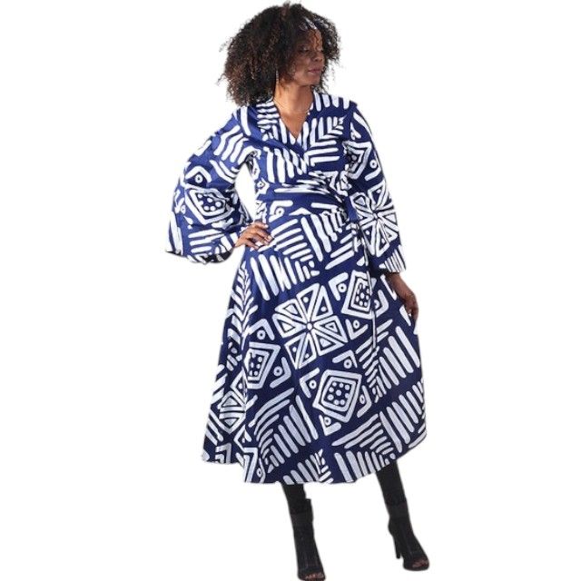 Blue/White Mud Print Wrap Dress