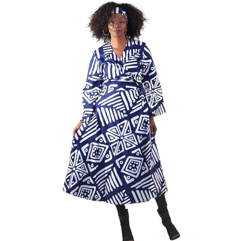 Blue/White Mud Print Wrap Dress