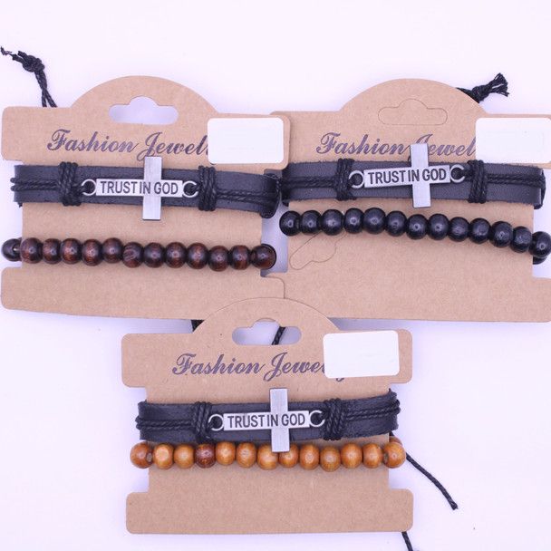 Trust In God Leather Bracelet &amp; Wood Beaded Bracelet