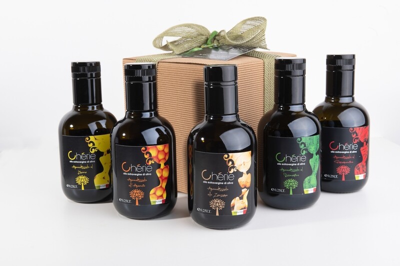 Aromatic Box Regalo Chèrie Extravergine di Oliva 250ml 4 Gusti (Limone, Arancio, , Rosmarino, Peperoncino)