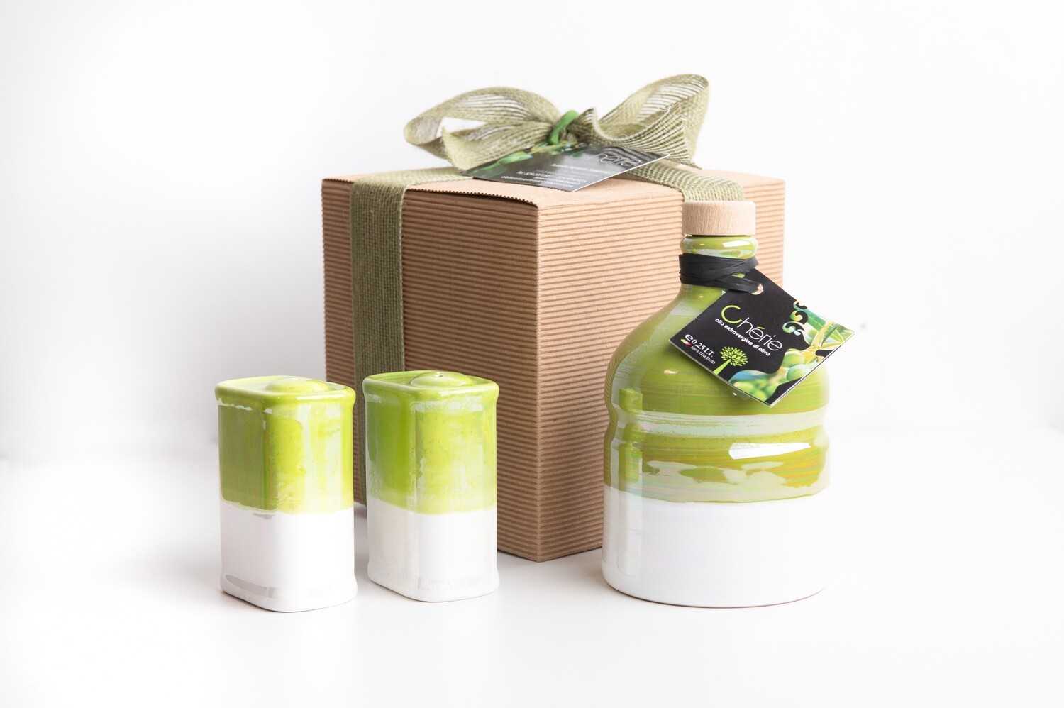 Box Regalo Orcio Lustrato Verde 250ml Chèrie Extravergine di Oliva con Lattine per Sale e Pepe Lustrato Verde