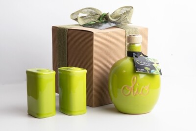 Box Regalo Orcio Verde 300ml Chèrie Extravergine di Oliva con Lattine per Sale e Pepe Verde