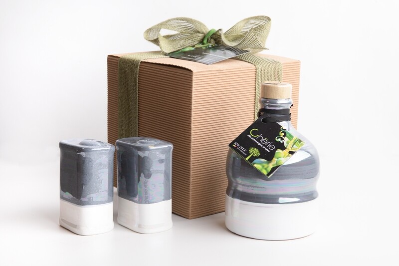 Box Regalo Orcio Lustrato Grigio 250ml Chèrie Extravergine di Oliva con Lattine per Sale e Pepe Lustrato Grigio