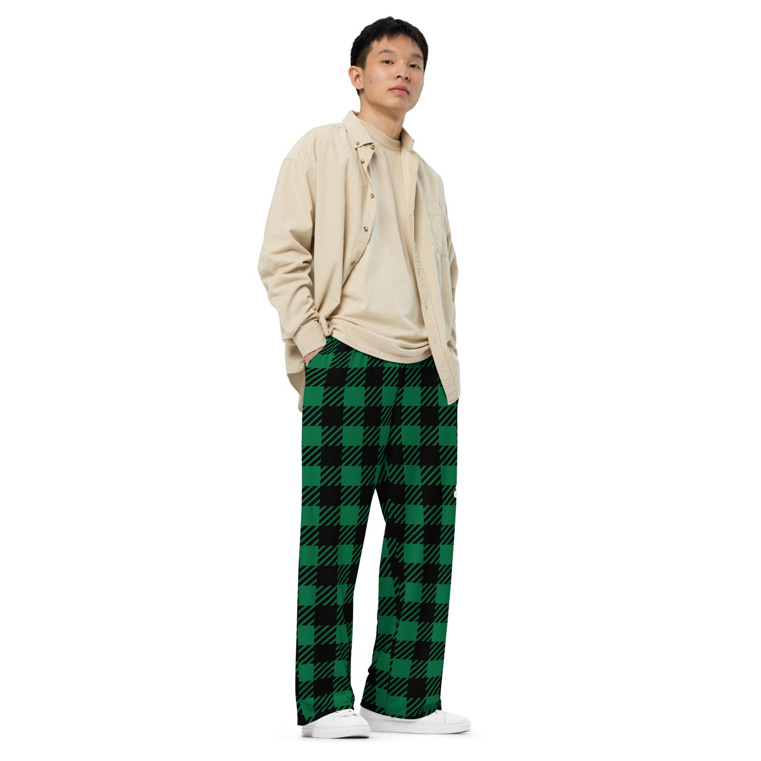 Wide-leg lumberjack Green print pants