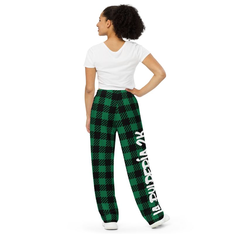 Wide-leg lumberjack Green print pants