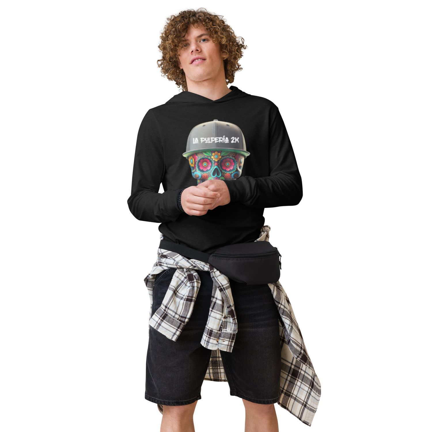Hooded long-sleeve Tee Día de Muertos letters