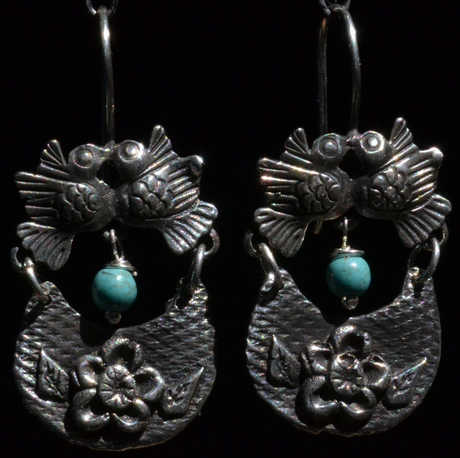 TAXCO MEXICAN 925 SILVER KISSING LOVE BIRDS DANGLE EARRINGS FRIDA KAHLO STYLE