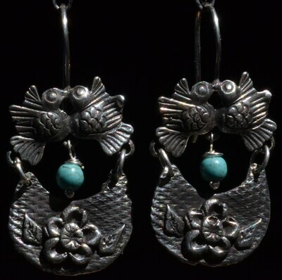 TAXCO MEXICAN 925 SILVER KISSING LOVE BIRDS DANGLE EARRINGS FRIDA KAHLO STYLE