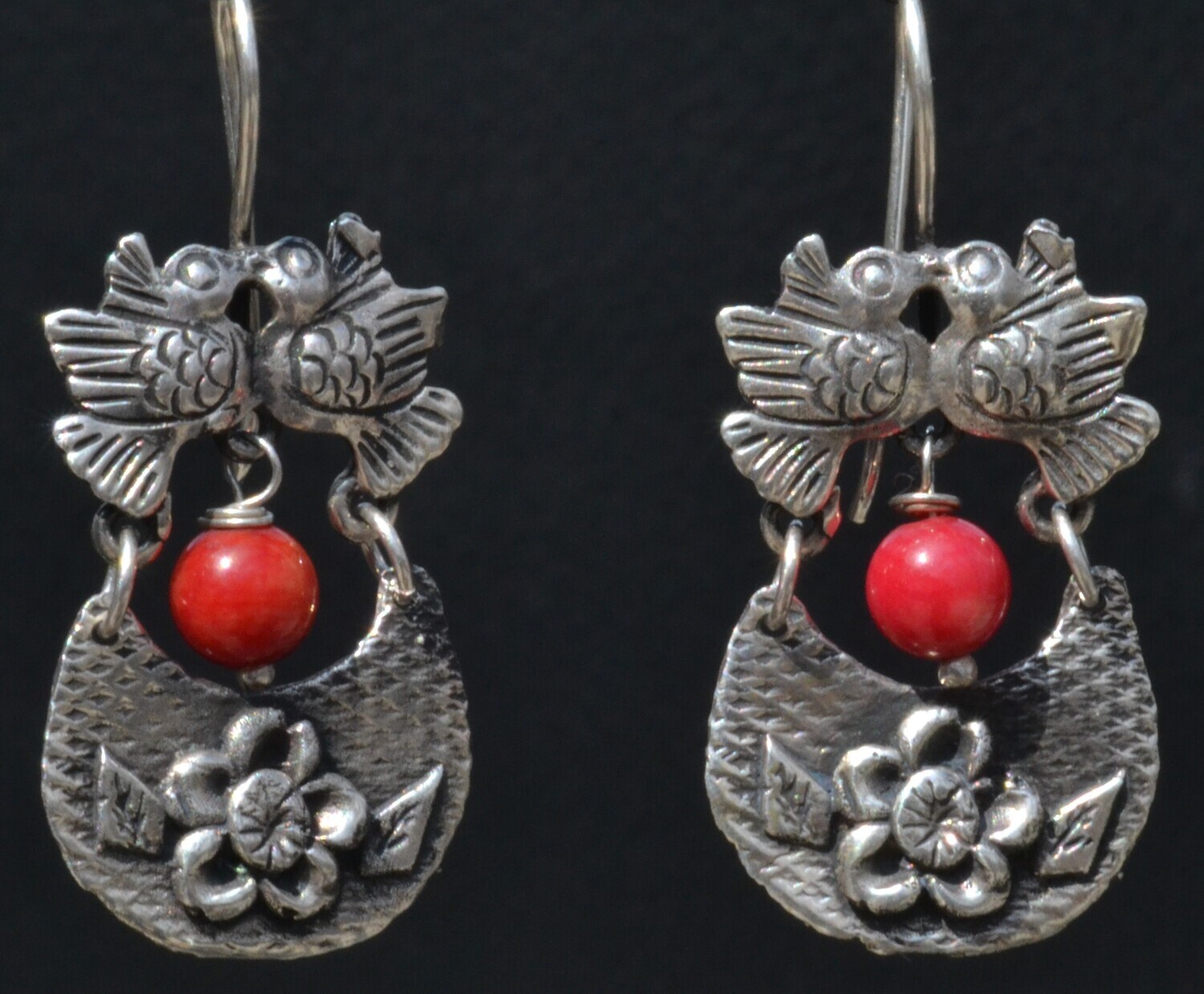 TAXCO MEXICAN 925 SILVER KISSING LOVE BIRDS DANGLE EARRINGS FRIDA KAHLO STYLE