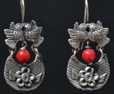 TAXCO MEXICAN 925 SILVER KISSING LOVE BIRDS DANGLE EARRINGS FRIDA KAHLO STYLE