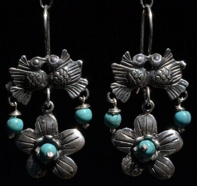 TAXCO STERLING SILVER LOVE BIRDS FRIDA KAHLO EARRINGS VTG STYLE MEXCIAN JEWELRY