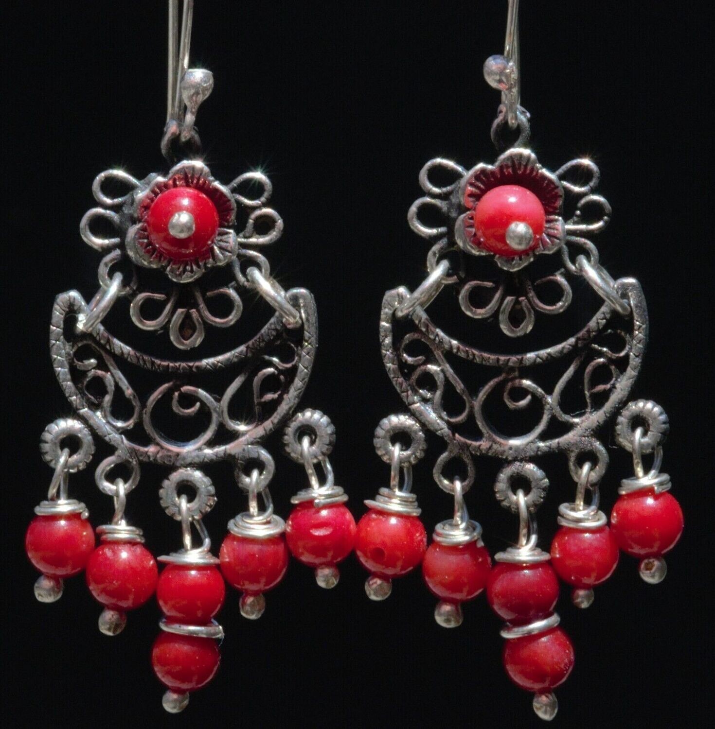 TAXCO MEXICAN JEWELRY 925 STERLING SILVER DANGLE EARRINGS FRIDA KAHLO VTG STYLE