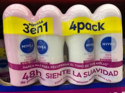 4 Pack Antiperspirant Roll-On NIVEA ~ NATURAL TONE ~ EFFECT SATIN~ RECOVERY ARMPITS TONE