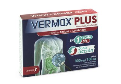 VERMOX PLUS, 2 Tabs (Mebendazol / QUINFAMIDA) ~ Dewormer against amoebas and worms