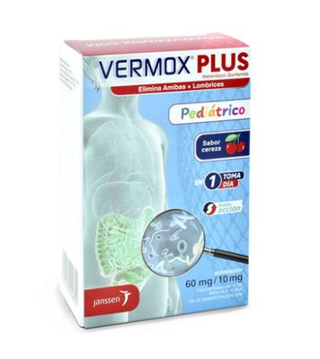 VERMOX PLUS PEDIATRIC (3-6 YEARS) SUSP, 10ML (MEBENDAZOL / QUINFAMIDA) ~ Dewormer against amoebas and worms