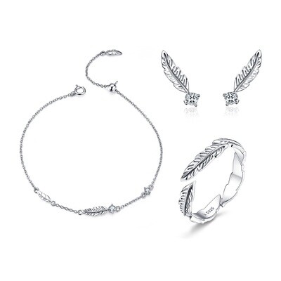 GemKing the Feather S925 Sterling Silver Bracelet & Earring & Ring