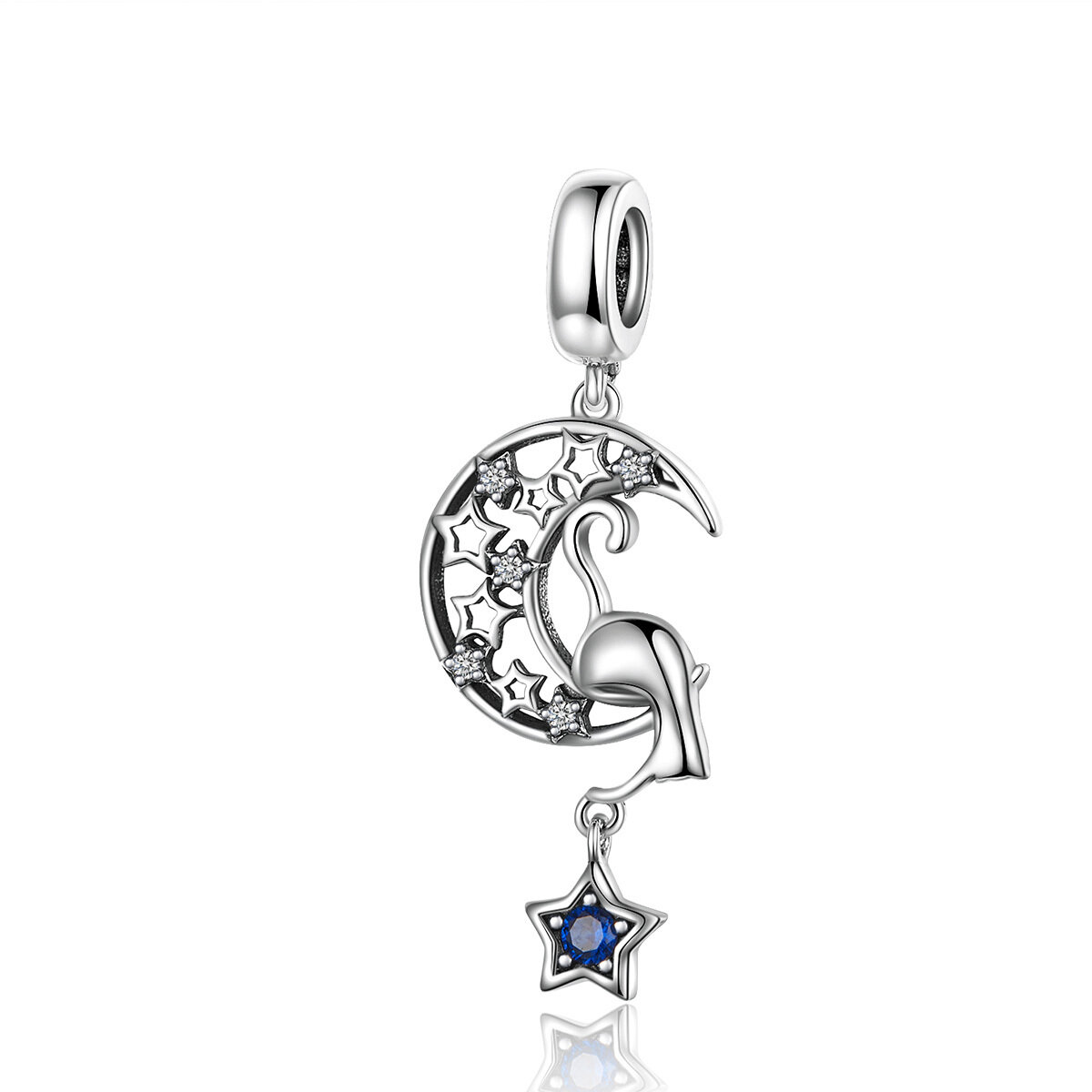 GemKing SCC1205 Moon Cat Kitty in the Moon S925 Sterling Silver Charm