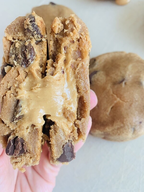 Peanut Butter Dark Chocolate Chip Protein Cookie Stuffed with Peanut Butter protein Cream