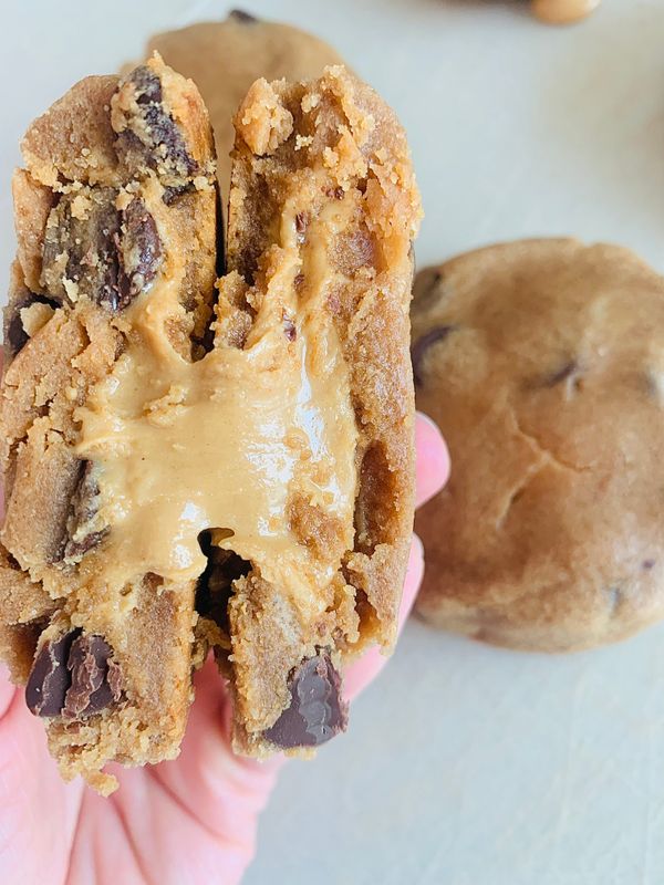 Peanut Butter Dark Chocolate Chip Protein Cookie Stuffed with Peanut Butter protein Cream