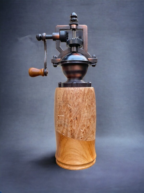 Antique Style Pepper Grinder: Maple Burl &amp; Narra
