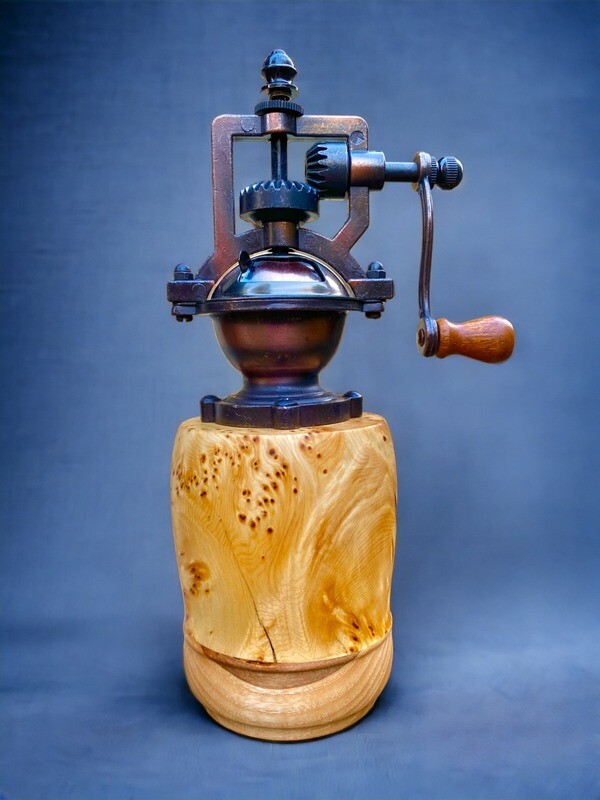 Antique Style Pepper Grinder: Yellow Cedar Burl &amp; Ash