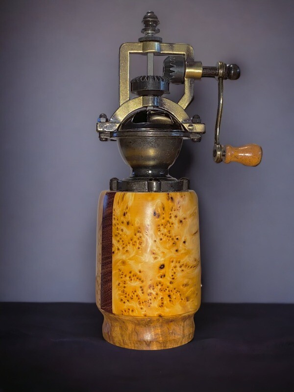 Antique Style Pepper Grinder: Yellow Cedar, Padauk and Maple
