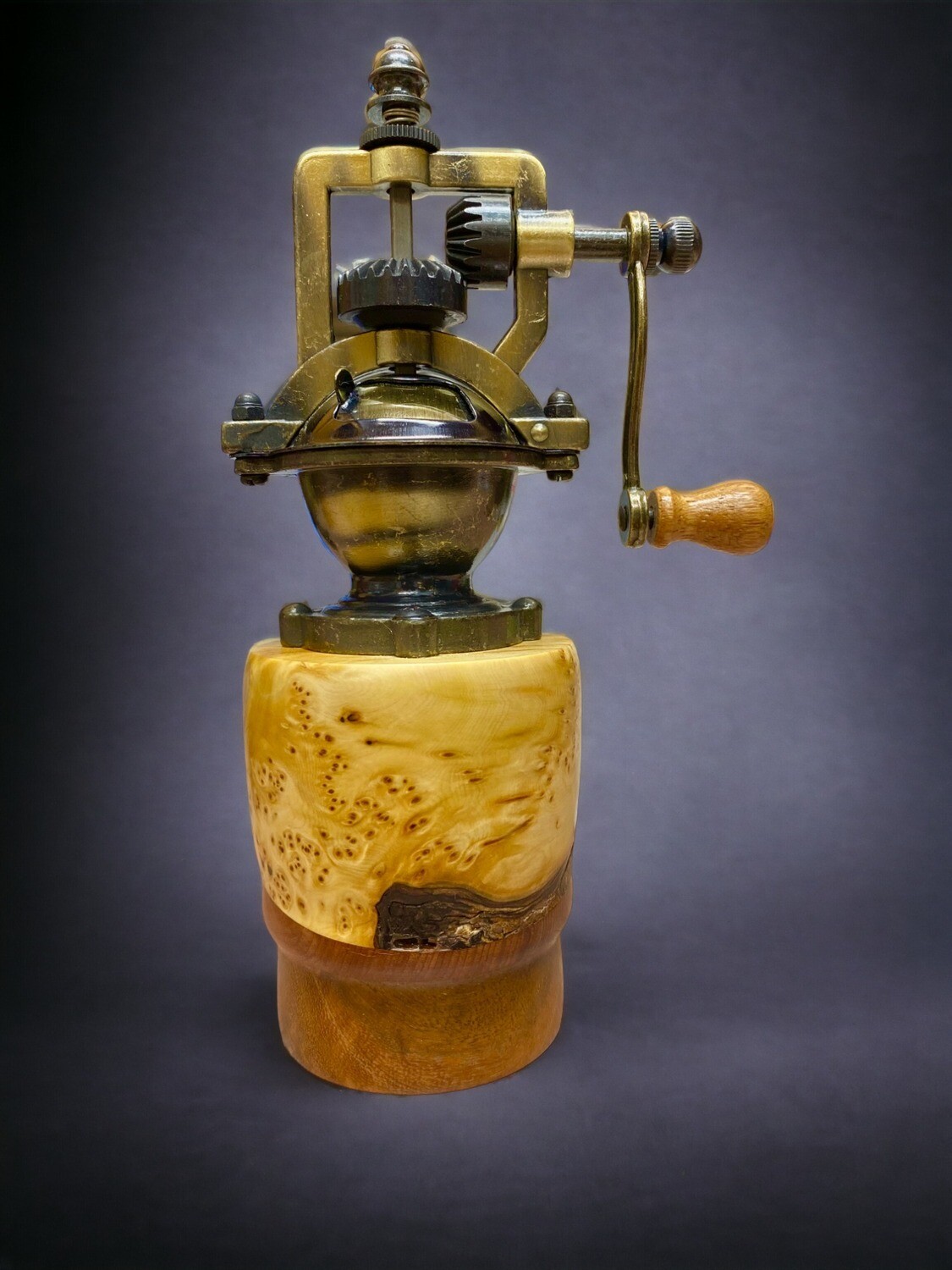 Antique Style Pepper Grinder: Yellow Cedar Burl, Lapacho & Red Cedar