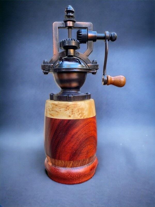 Antique Style Pepper Grinder: Yellow Cedar Burl, Padauk, Walnut &amp; Acacia