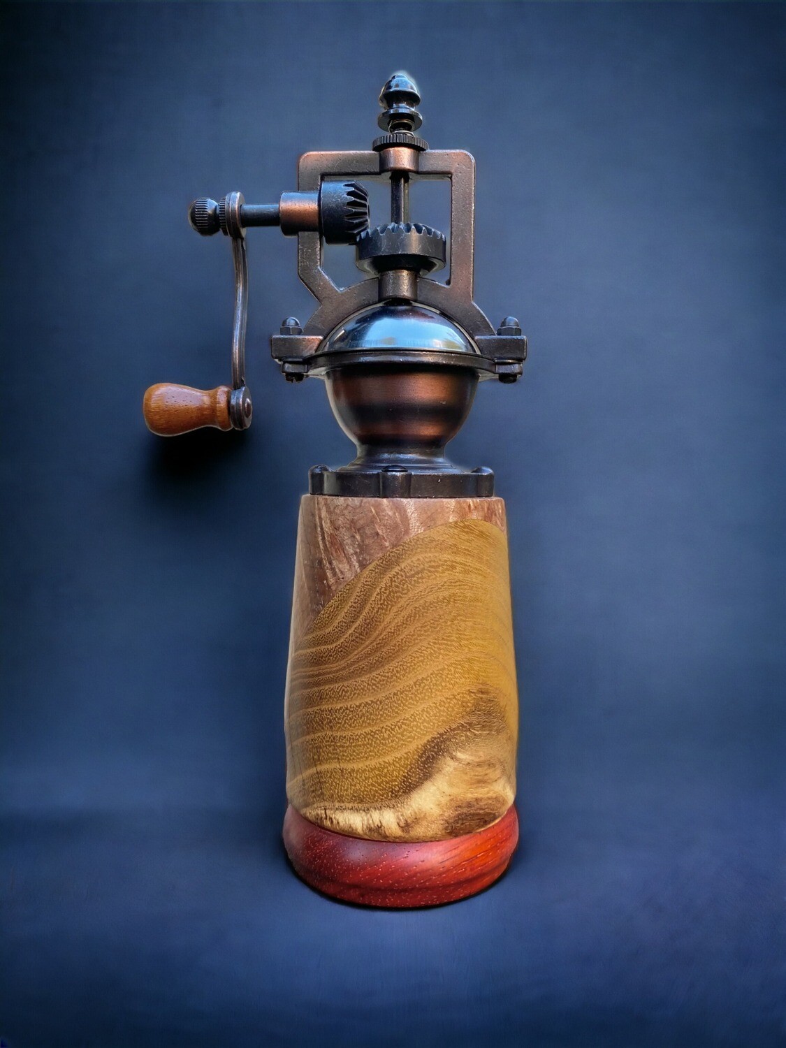 Antique Style Pepper Grinder: Padauk, Acacia &amp; Maple Burl