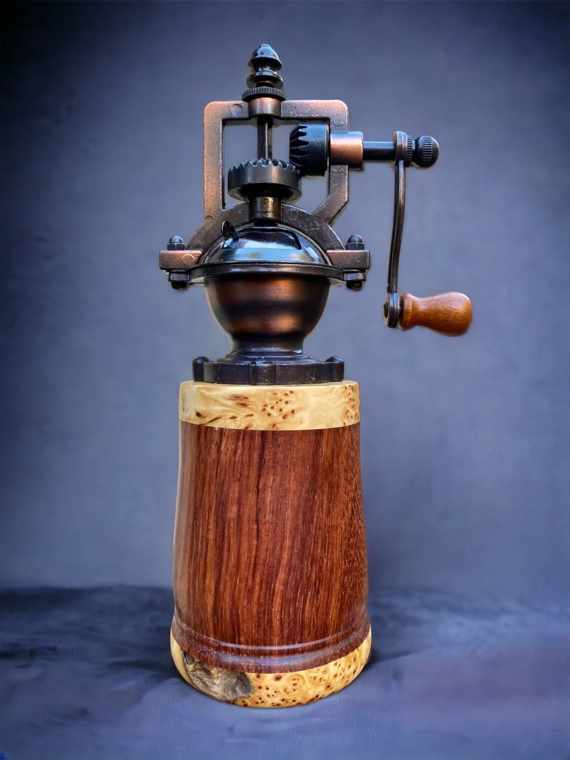 Antique Style Pepper Grinder: Yellow Cedar, Narra & wood from South America