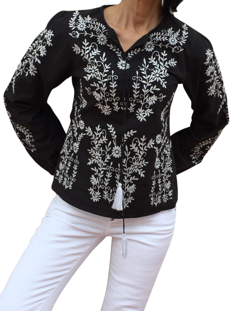 Handbestickte Popeline Baumwollbluse Schwarz