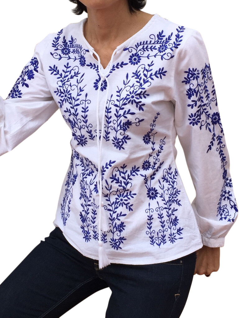 Handbestickte Popeline Baumwollbluse