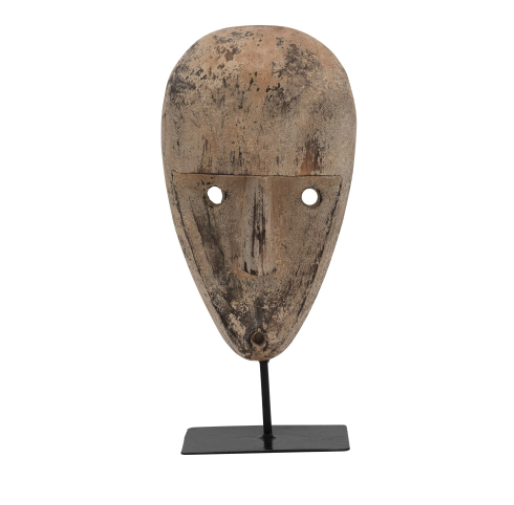 Hand-Carved Wood Mask on Metal Stand