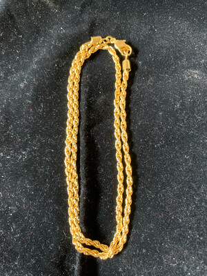 18" 24K Gold Plated 3mm Rope Chain with Lobster Claw Clasp